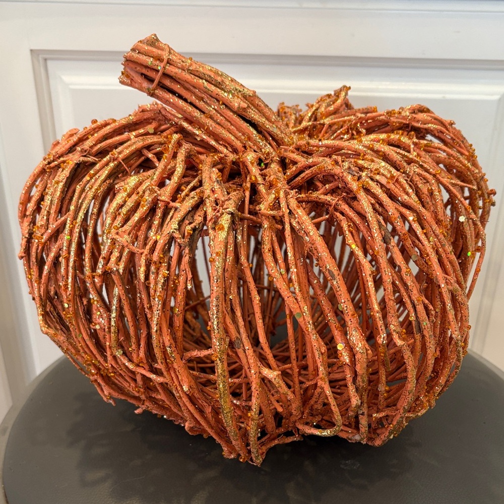 Festive Orange & Gold Glitter Sequins Wood Pumpkin Fall Halloween Decor, 12” L